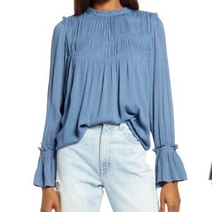 Free People Kelsey Flare Sleeve Blouse Blue Metal Size XS NWT